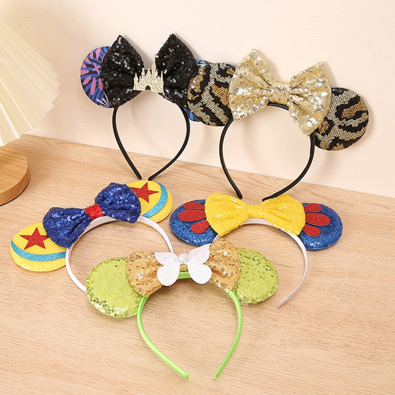 Disney Mickey Minnie Ear Headbands Castle Butterfly Bow Sequin Decor Headwear Adult Kids Cosplay Accessories Gift