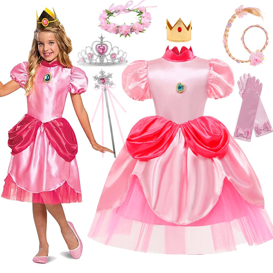 Halloween Princess Peach Sweet Girls Costume Child Super Luigi Mari Brother Pink Princess Cosplay Kid Fancy Dress Purim 3-10