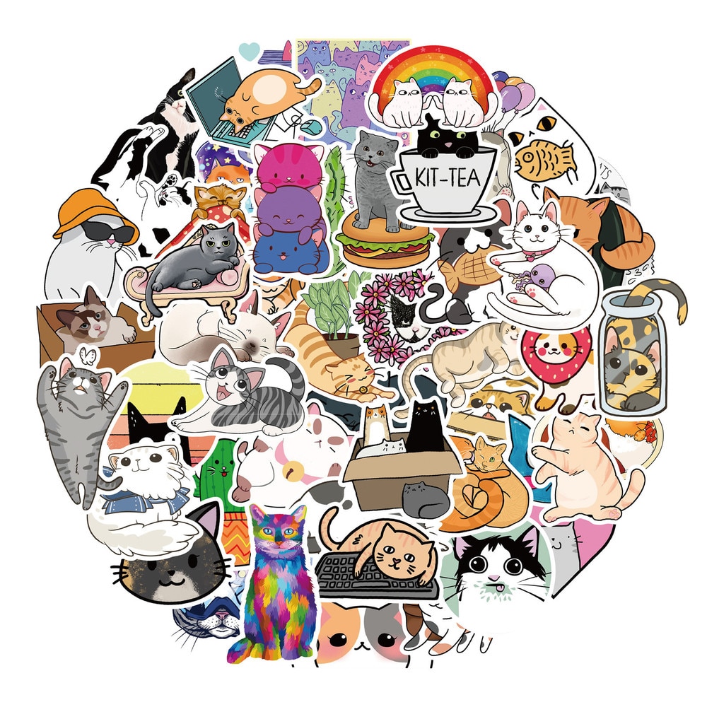 10/50Pcs Cute Cats Animal Graffiti Stickers Cartoon Decals Kids Toy DIY Diary Suitcase Scrapbook Phone Laptop Bike Sticker