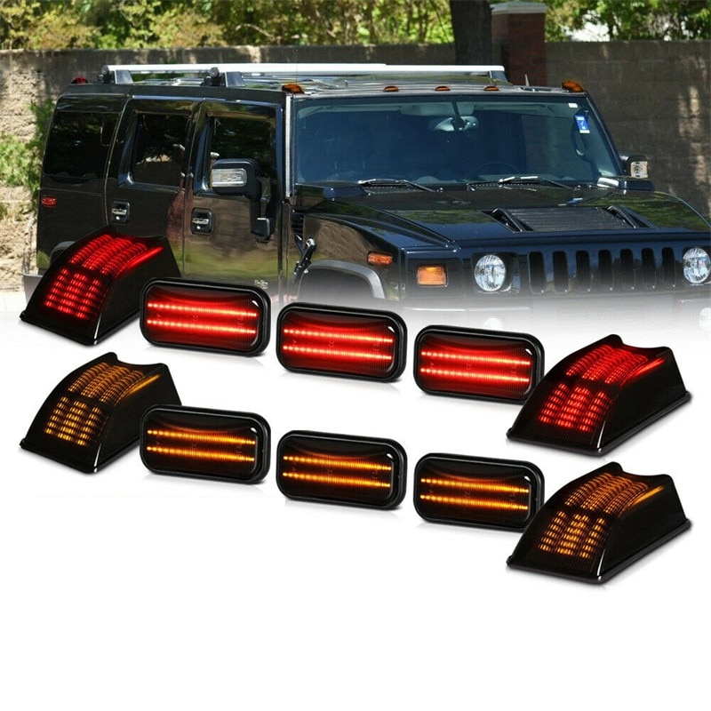10PCS Yellow/Red LED Cab Roof Light and Lenses Kit For Hummer H2 2003 2004 2005 2006 2007 2008 2009 LED Smoked Lens Top Lights