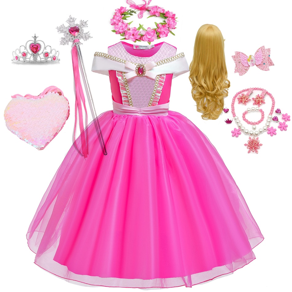 Sleeping Beauty Aurora Dress For Girl Halloween Carnival Fancy Costume Baby Girl Elegant Party Gown Shoulderless Lace Tulle Tutu