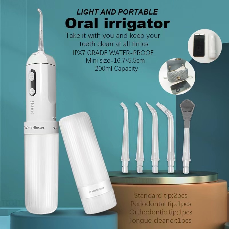 Mouth Washing Portable Oral Irrigator Dental Water Flosser Pick USB Rechargeable Jet Cleaning Teeth 5 Tip 200ml 4 Modes IPX7