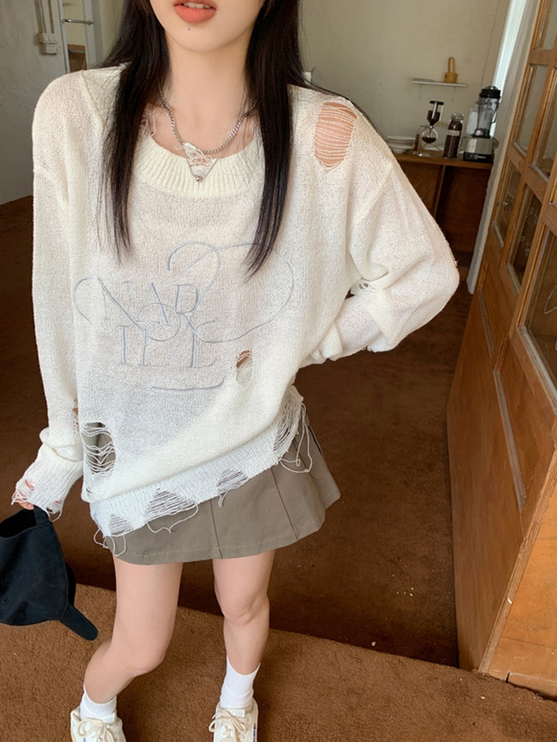Real Shot Women's Korean Version of The New Old-fashioned Hole Solid Color Loose and Lazy Casual All-match Knitted Top