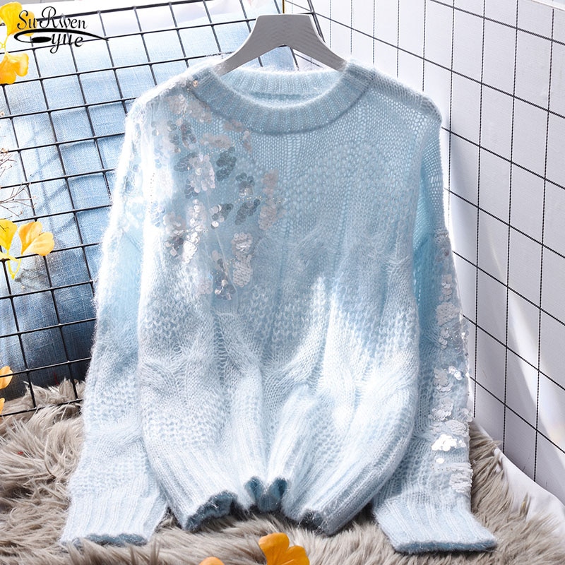 Casual Pullover Blue Sequin Sweater Women Loose Early Autumn 2022 Pull Femme Japanese Style Sweater Knit Tops Mujer Jumper 23149