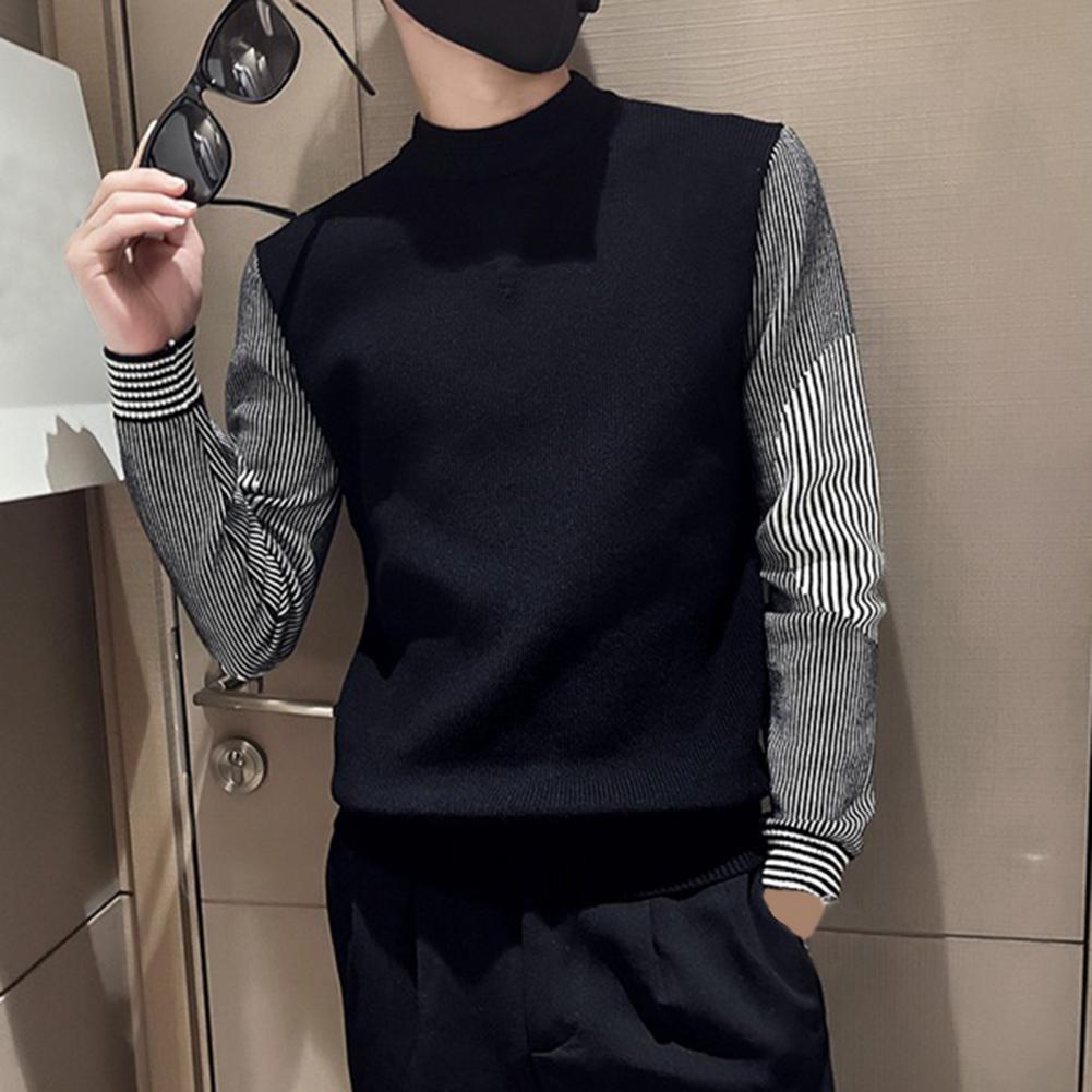 Men Sweater Patchwork Pullover Slim Fit Striped Print Casual Half-high Collar Soft Elastic Long Sleeves Winter Sweater Men Cloth