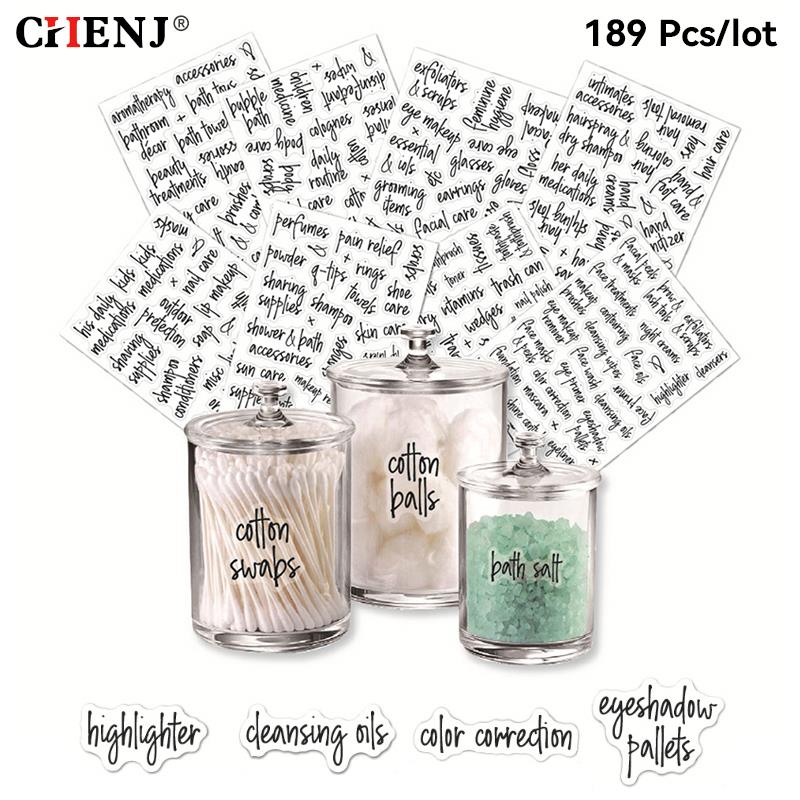 189pcs Cosmetic Label Black Transparent Bathroom Jar Storage Classify Waterproof Washable Beauty Care Bathroom Dispenser Sticker