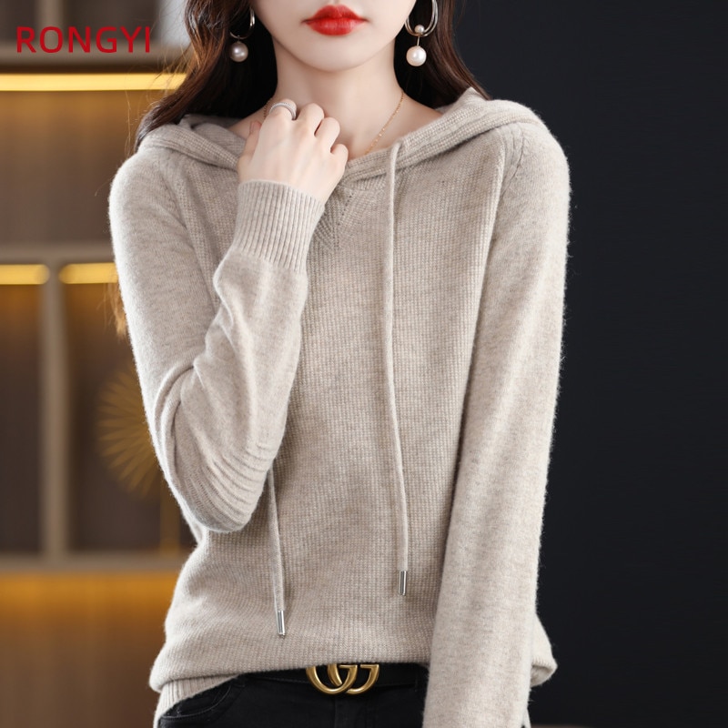 RONGYI 100% Pure Wool Women Cashmere Autumn Winter Hooded Pullover Knit Jacket High Quality Solid Color Top JJ2215