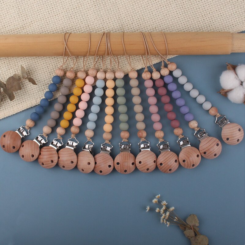 Baby Chew Beech Wood Chew Bead Pacifier Clips Dummy Chain Holder Newborn Soother Chains Nipple Holder for Babies Teething Toy
