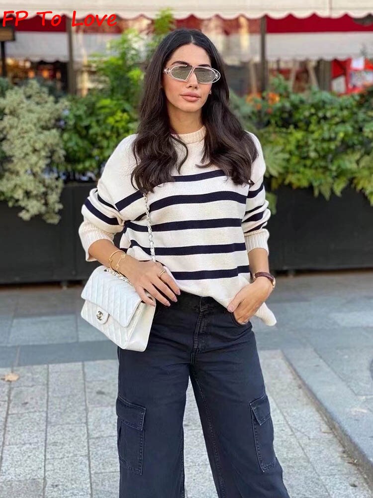 Beige Black Striped Sweater Winter Pullover Loose Soft Knitted Elegant Office Ladies Woman Outwears Female FB&ZA 6254106