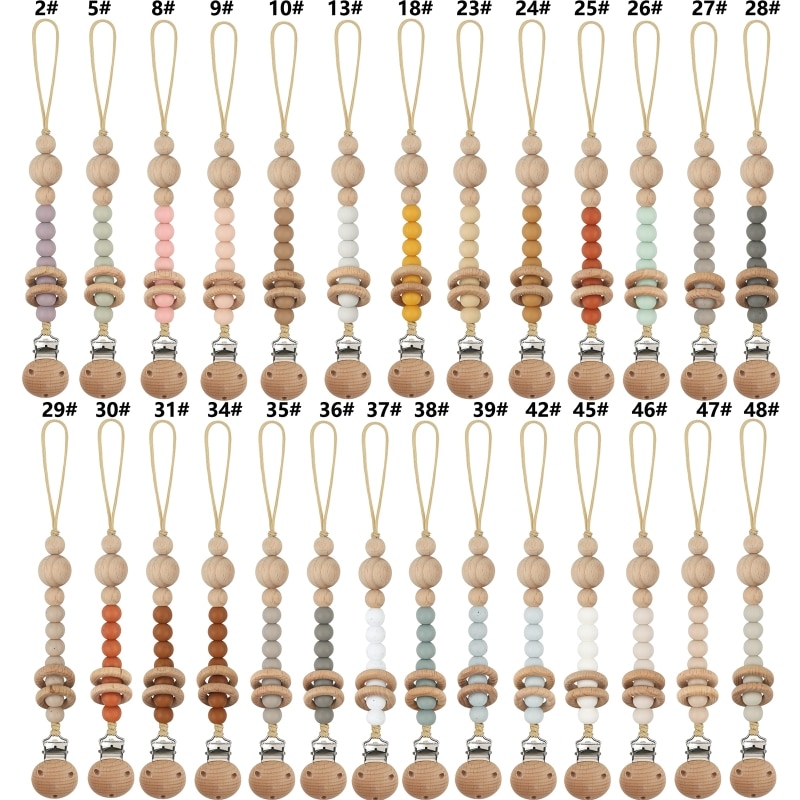 Wooden Ring Nipple Clip Silicone Bead Pacifier Clip Anti-Lost Soother Chain Baby Teether Toy Hanging Strap Nursing Accs