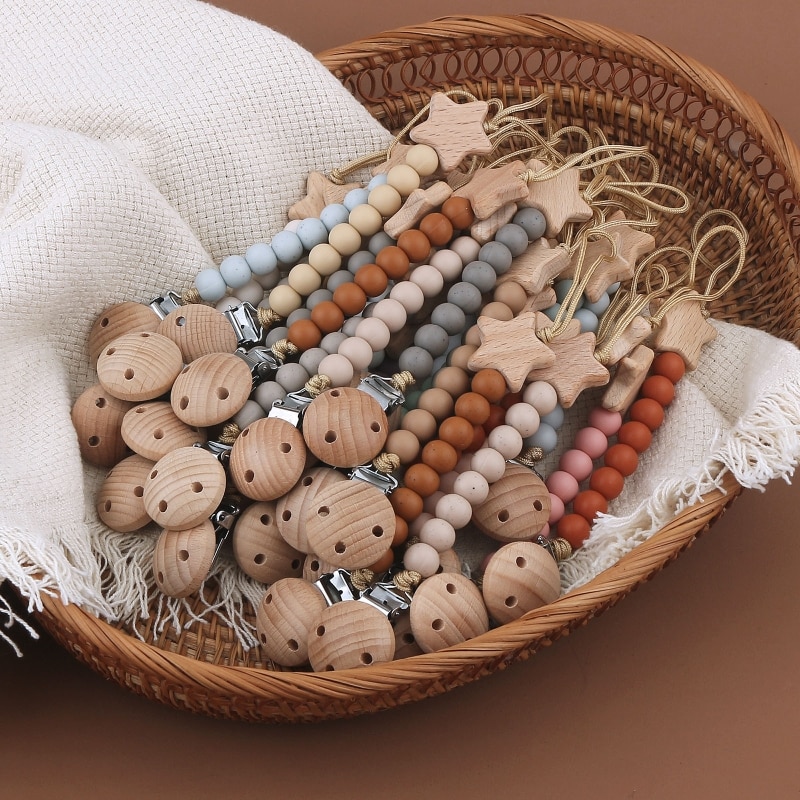 Baby Pacifier Clips Dummy Holder Anti-drop Chain Silicone Bead Wooden Teether Clip Infant Nipples Clip Soother Chains Chew Gifts