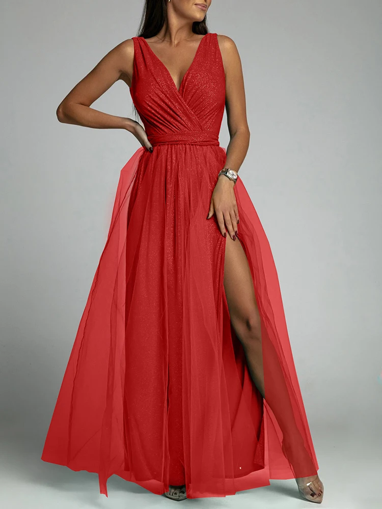 Summer Sleeveless Chic Tulle Gauze Dress Sexy Women Deep V Neck Side Slit Maxi Dress Elegant Female Solid Party Dress Vestidos