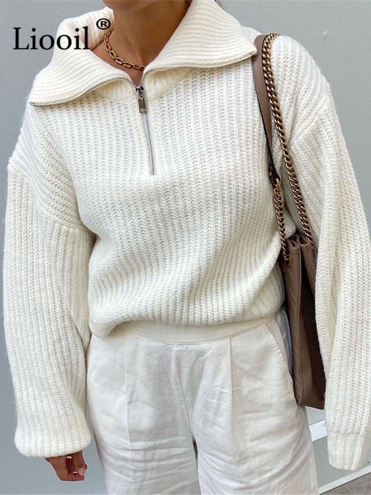 White Knit Ribbed Turtleneck Sweater Female Jumper Long Sleeve Zip Up Pullover Tops Streetwear Autumn Winter Warm Baggy Sweaters