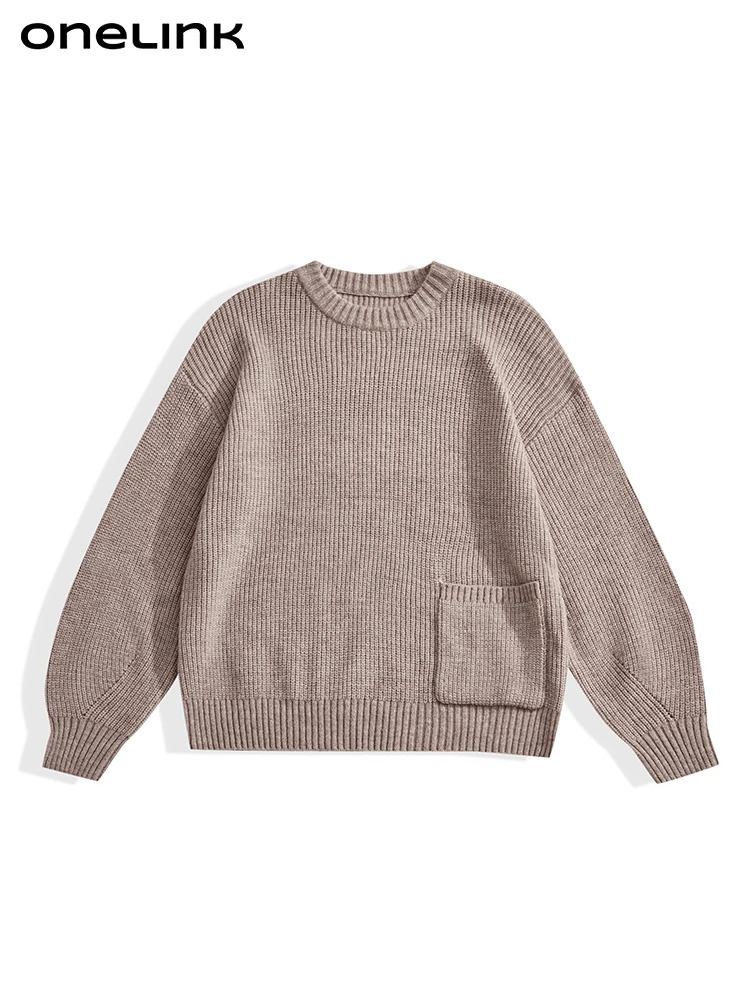 ONELINK Plus Size Women Autumn Winter Pullover Sweater Khaki Round O Neck Standard Length Oversize Tops Pocket Knitwear Clothing