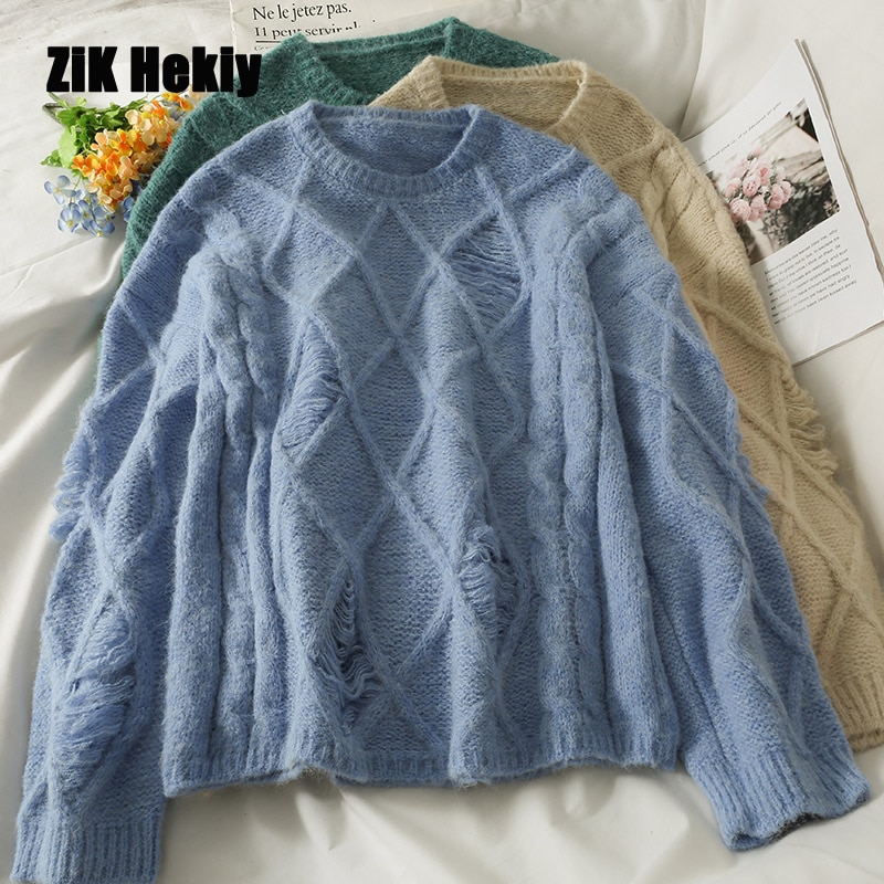 Zik Hekiy Women Autumn And Winter Sweater Plaid Loose Thin Pullover Knitted Hole Round Neck Long-Sleeved All-Match Top Women