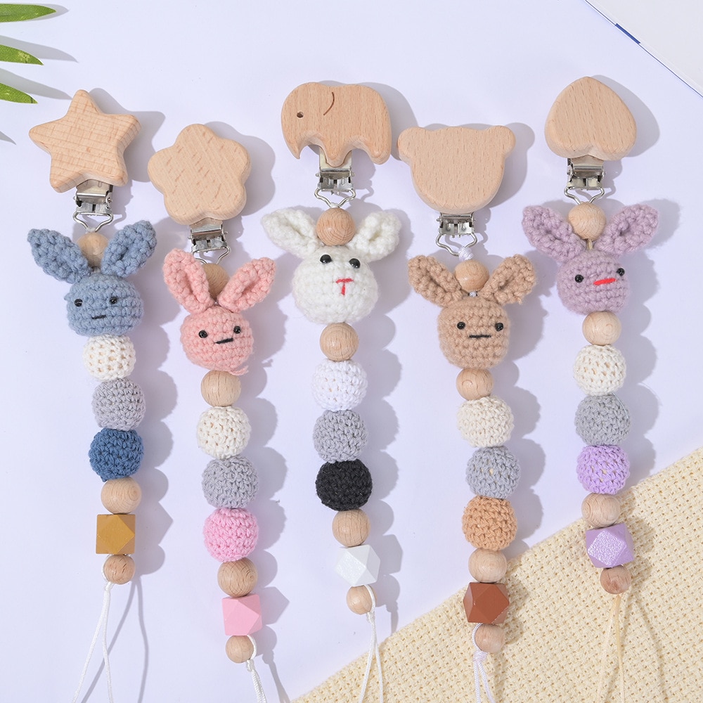 Cute Bunny Baby Pacifier Clip Chain Wooden Beads Dummy Holder Appease Soother Chain Clips Newborn Nipple Clip Anti-drop Strap