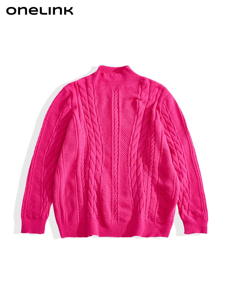 ONELINK Solid Hot Pink Turtleneck Plus Size Women 2022 Autumn Winter Pullover Sweater Cable Pattern Knit Oversize Clothing Tops