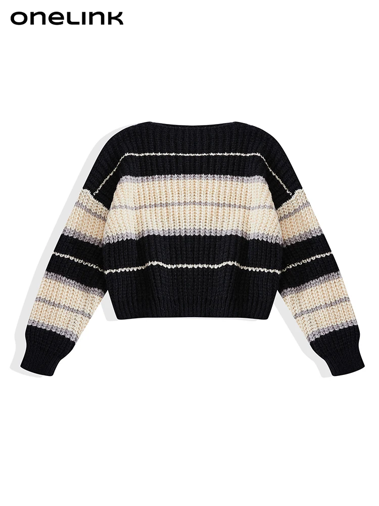 ONELINK Angora Wool Mohair Plus Size Women Autumn Winter Pullover Sweater Slash Neck Black Beige Wide Strips Oversize Clothing