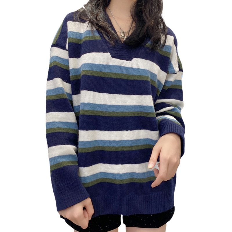 Women Casual Loose Striped Sweaters Fall Winter Clothes 2022 Warm Navy Stripe Printed Pattern V-neck Long Sleeve Knitwear