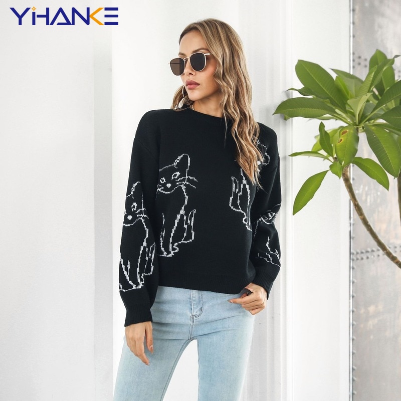 Women Knitted Oversized Pullover Sweaters Women Autumn and Winter 2023 Runway Color Contrast Jacquard Lovely Cat Loose Sweater