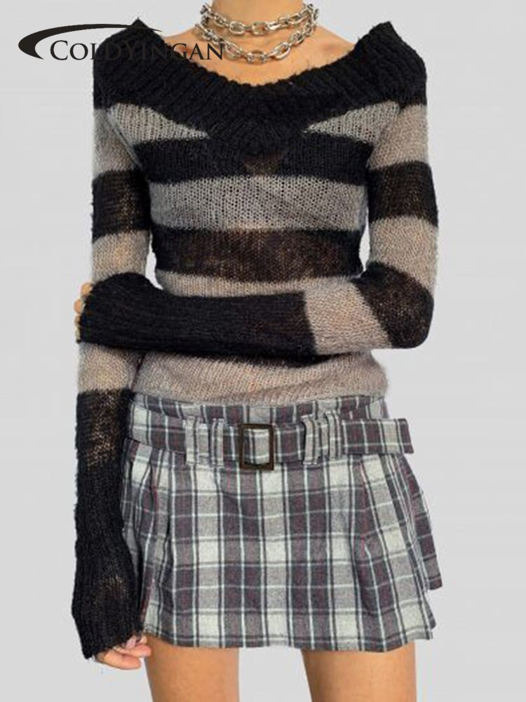 ColdYingan Y2K Striped Sweaters Vintage Fashion 90s Jumpers Full Sleeve V Neck Pullovers Women Autumn Winter Knitwear Harajuku