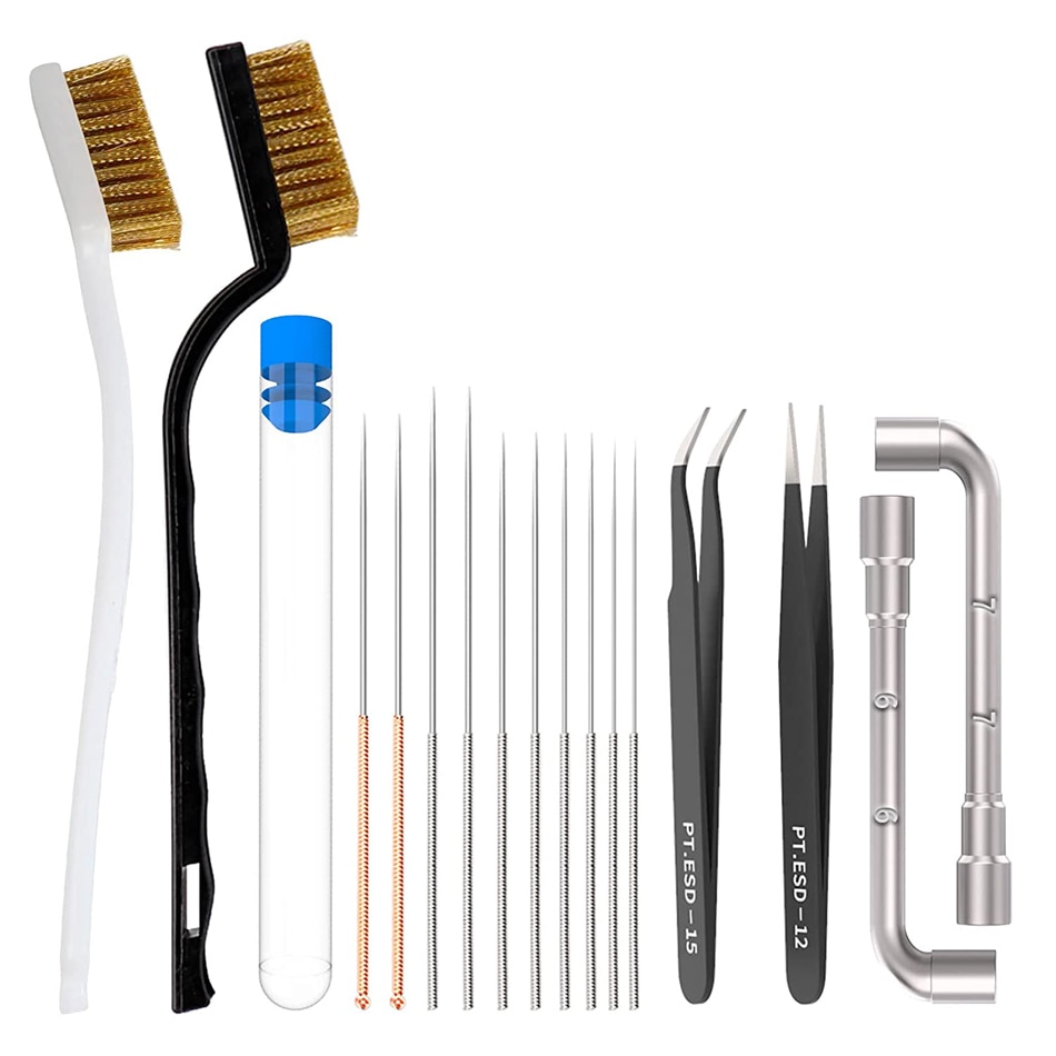16PCS 3D Printer Nozzles Wrench Cleaning kit Tweezers Cleaning Copper Wire Brushes L-Shaped Wrench Tool Nozzle Cleaning Pins