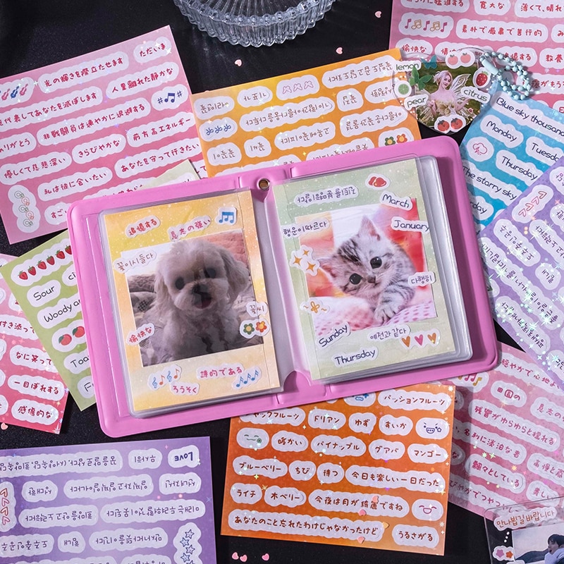 MOHAMM 8 Sheets Glitter Photocard Korean Stickers for Making Postcards Scrapbooks Diaries Planners Photo Albums