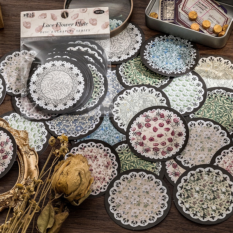 30pcs Vintage Disc Engraving Decorative Round Sticker Pack Constellation Scrapbooking Material Label Diary Cup Journal Planner