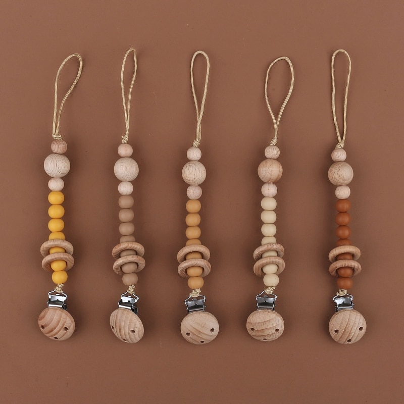 Food Grade Baby Silicone Pacifier Clips Chain Beech Wooden Ring Newborn Dummy Nipple Holder Clip Anti-Lost Soother Holder Chain