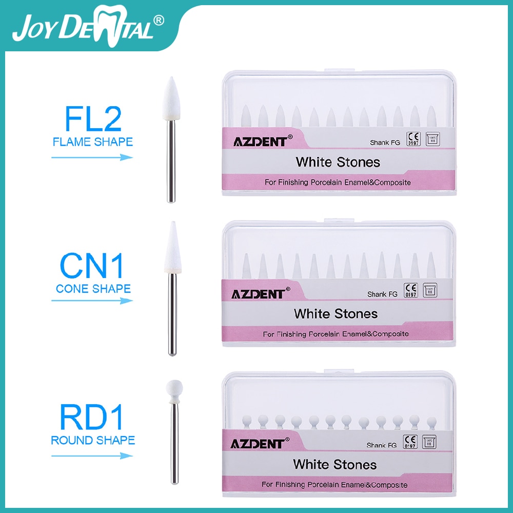 JOY DENTAL 12pcs/pack Dental Flame Cone Round White Stone Polisher FG Burs for Polishing Dental Clinic Metal Resin Porcelain