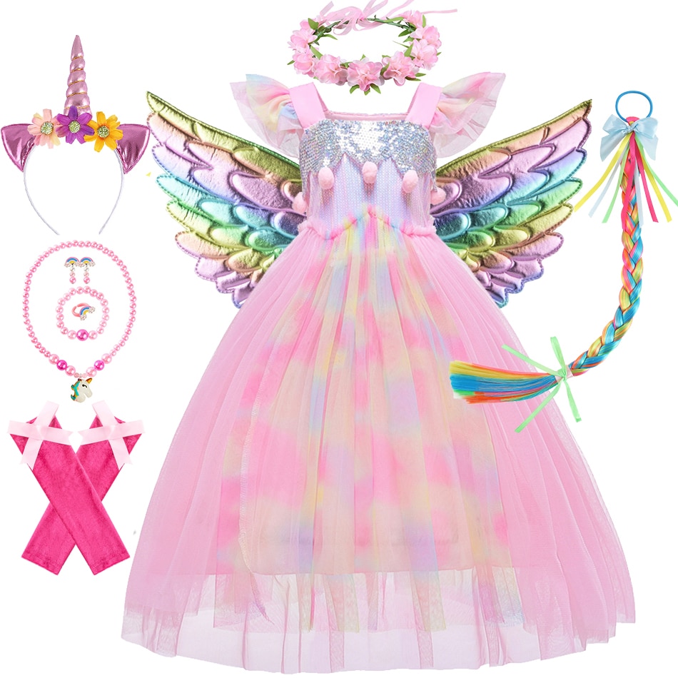 Pink Unicorn Dress For Girl Rainbow Fly Sleeve Costume Sequin Tulle Frocks Children Halloween Carnival Birthday Party Outfits