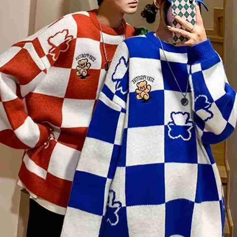 Kawaii Bear Print Plaid Oversize Black Sweater Women Korean Style Harajuku Cute Couple Jumper Female Pullover Streetwear Tops