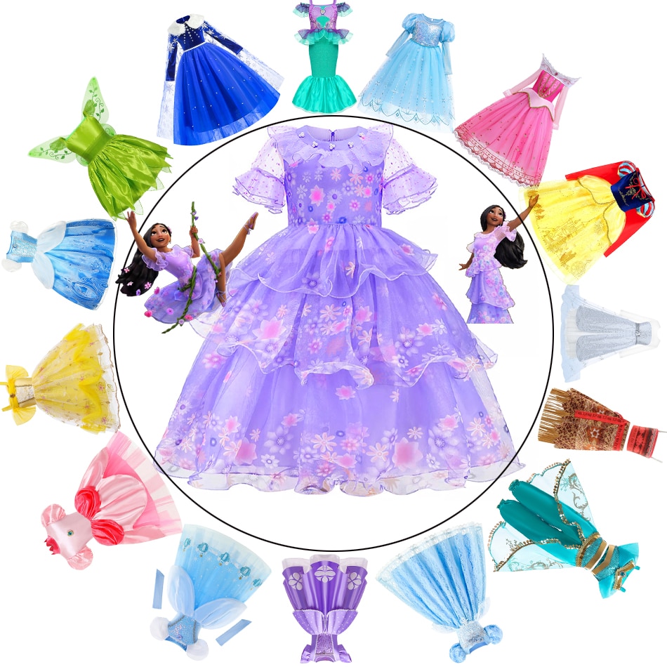 Disney Encanto Isabella Princess Dresses Kids Halloween Party Cosplay Costume Elsa Belle Aurora Tinker Bell Sofia Isabela Charm