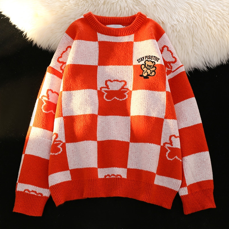 Autumn Winter Korean Plaid Orange Sweater Woman Casual Lazy Fashion Bear Embroidery Loose Pullover Knit Harajuku Top Streetwear