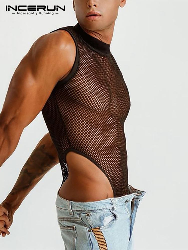 INCERUN 2022 Men Bodysuit Underwear Mesh Patchwork See Through Sexy Sleeveless Thin Rompers Homewear Skinny Mens Bodysuits S-5XL