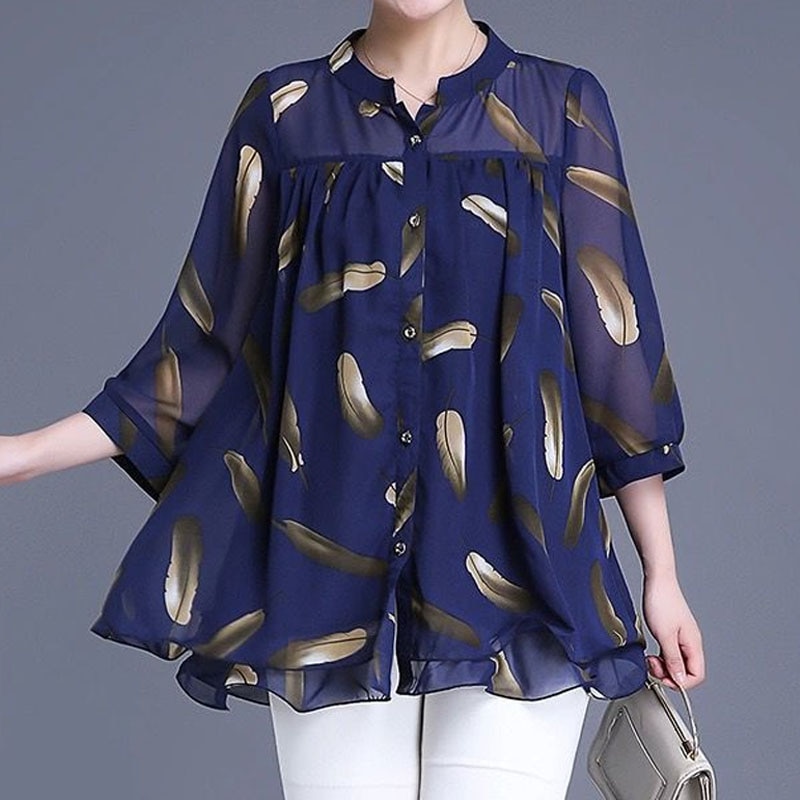 Women's 3/4 Sleeve Casual Printed Chiffon Blouse Summer Fashion New Single-breasted Thin Loose Pullovers Shirt Female Cloth