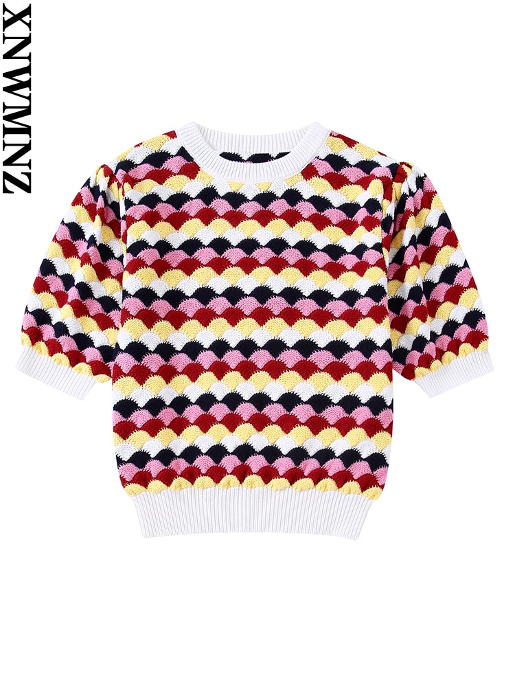 XNWMNZ 2022 Women Fashion Cropped Textured Knit Sweater Vintage O Neck Short Puff Sleeves Female Pullovers Casual Chic Tops