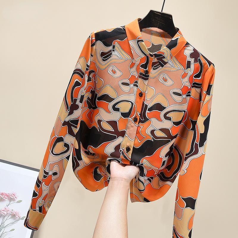 2023 Summer New Fashion Patchwork Orange Stain Shirt Long Sleeve Turn Down Collar Blouse Korean Style Casual Shirt for Female