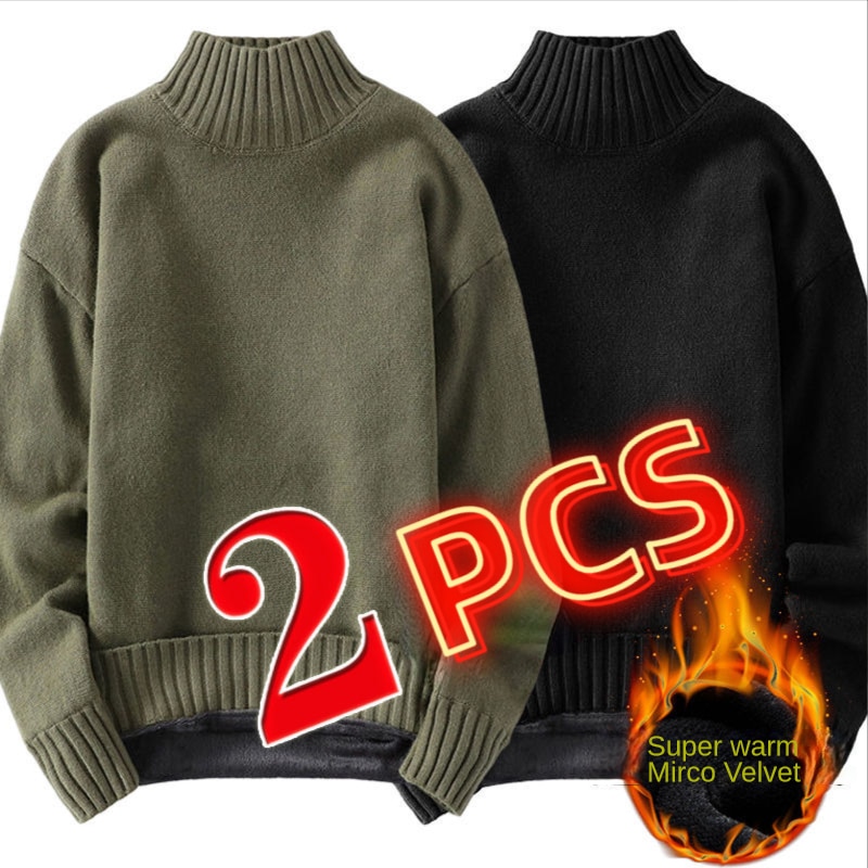 2PCS Men's Fleece Thickened Mid/high collar Sweater Winter Men Solid Color Sweater Cold-proof Warm Pullover Bottoming Shirt