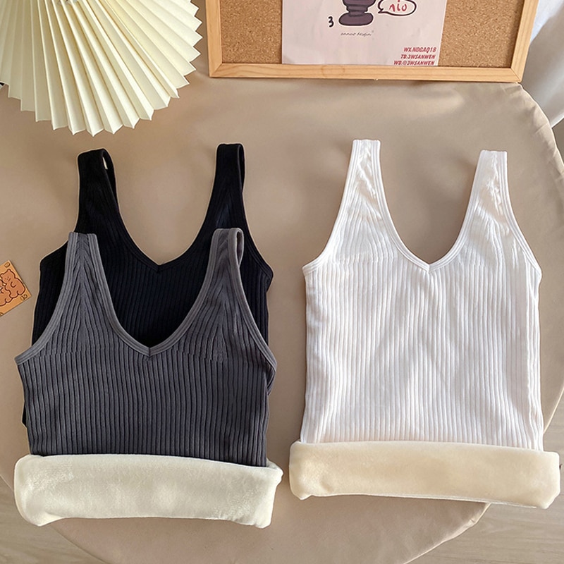 ASHEYWR Women Keep Warm Tops Plus Velvet Thickening Vest Underwear V-Neck Slim Striped Knitted Bottoming Camisole Female