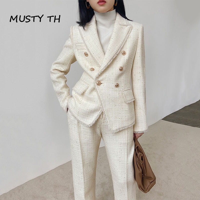 White Small Fragrance Tweed 2 Piece Set Small Fragrance Sweet Two Piece Set Woolen Coat Pants Skirts Set for Office Lady Suit