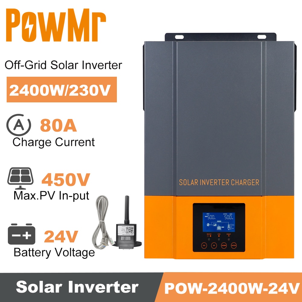 PowMr 2400W Solar Inverter 24V to 230V Power Bulit 80A MPPT Charger Controller Max PV 3000W 450V Input Lead Acid/Lithium Battery