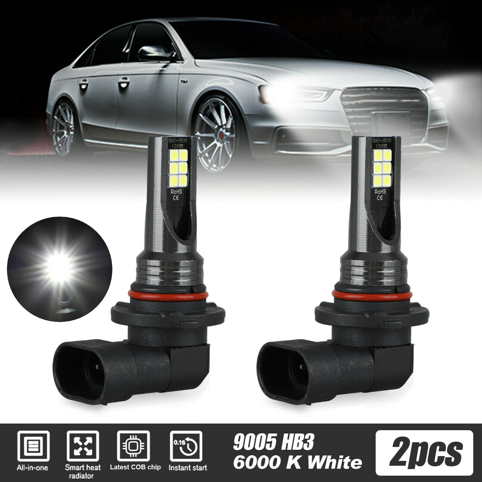 2Pcs H8 H11 LED Bulb H4 9005 HB3 9006 HB4 Led Lamp H7 Super Bright Car Fog Lights H10 Day Driving Running Light 12V 6000K White