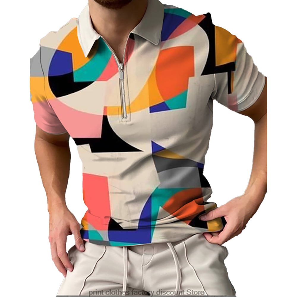 Summer Men Watercolor Doodle Short Sleeve Zipper Collar Clothing Polo Shirt For Men 3D Printed Graphic Breathable Casual Top