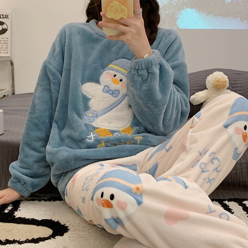 Autumn Winter New Warm Flannel Women's Pajamas Set Long-sleeved Trousers Two-piece Set Cute Soft Home Wear Clothes for Wome