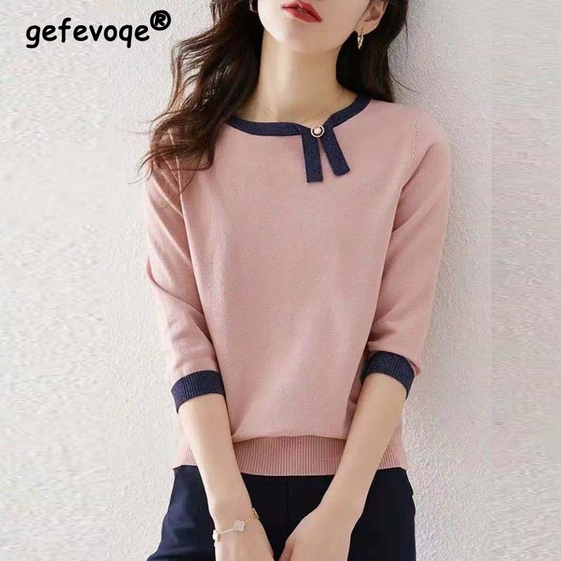 Spring Autumn Elegant Korean Fashion Contrast Color Bow Simple Chic Knitted Sweater Women Casual 3/4 Sleeve Basic Pullover Tops
