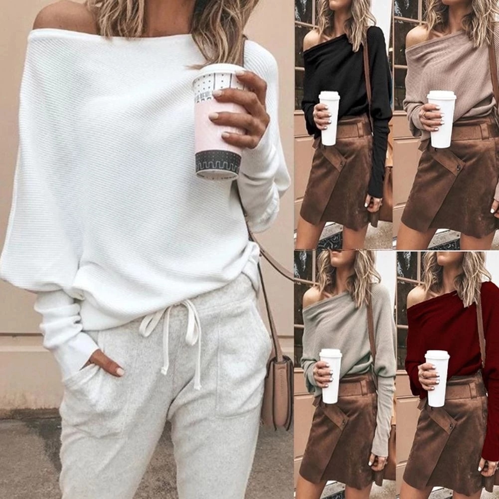 Suéteres sexys de manga larga para mujer, suéter de punto suelto con hombros descubiertos, ropa de calle femenina