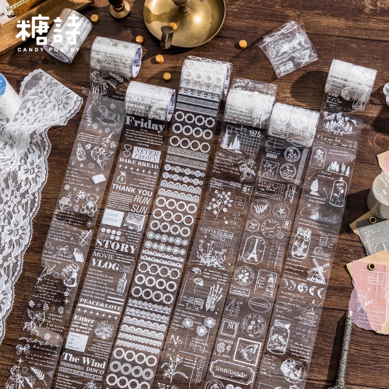 Journamm 5cm*2m Transparent PET Tapes Lace Plants Scrapbooking Masking Tape Junk Journal Supplies DIY Diary Decore Stickers