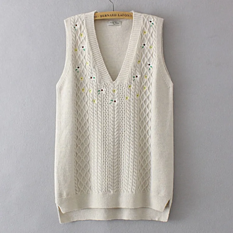 2022 Autumn Plus Size Sweater Vest 4xl High Strecth Knitted Pullover Winter Floral Embroider Twist V-Neck Curve Jumper