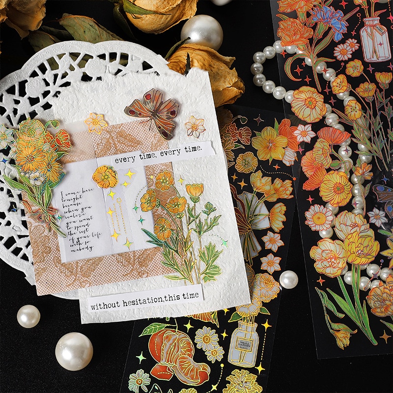 MOHAMM 3 Sheets Retro Gold Foil Shiny Floral Stickers for Scrapbooking Planner Journaling DIY Crafts Cards Album